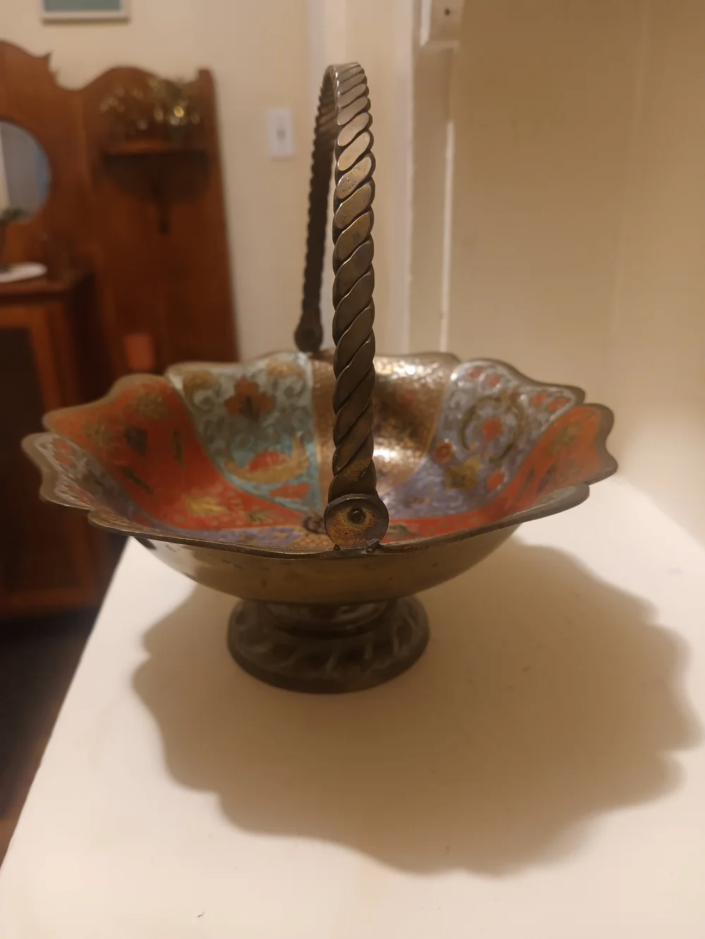 Vintage Brass Cloisonne Pedestal Basket Bowl